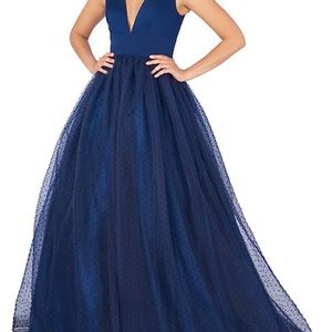 Mac Duggal Navy Polka Dot Chiffon Ball Gown